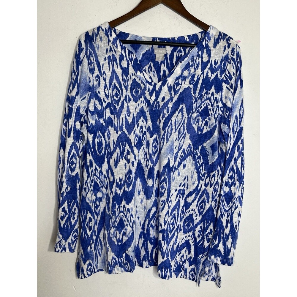 Chico's 2 L Damask Blue White Boho Print 100% LINEN Beach Top BLouse(13)